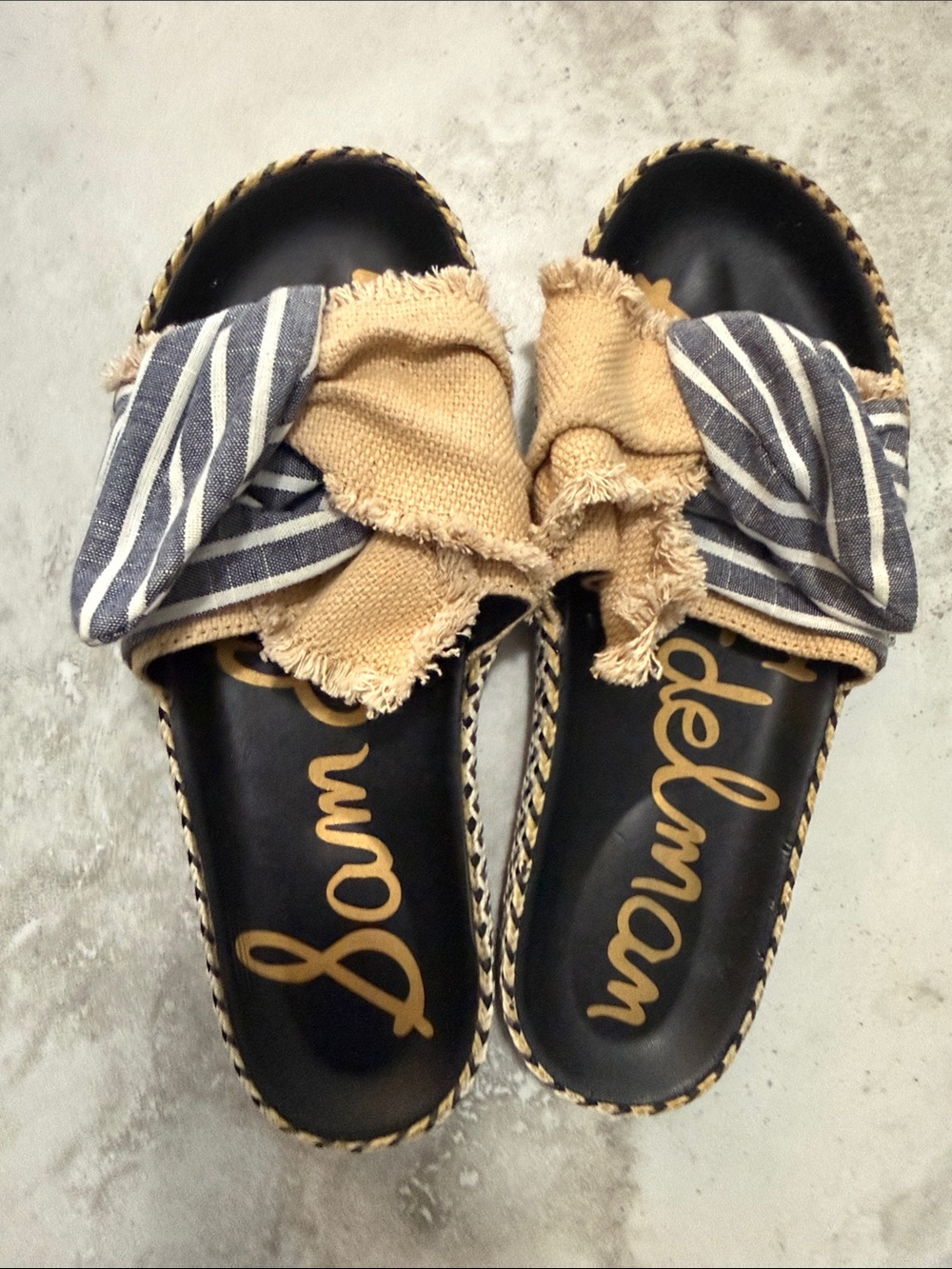 Sam Edelman Tan and Navy Frayed Bow Slide Mules